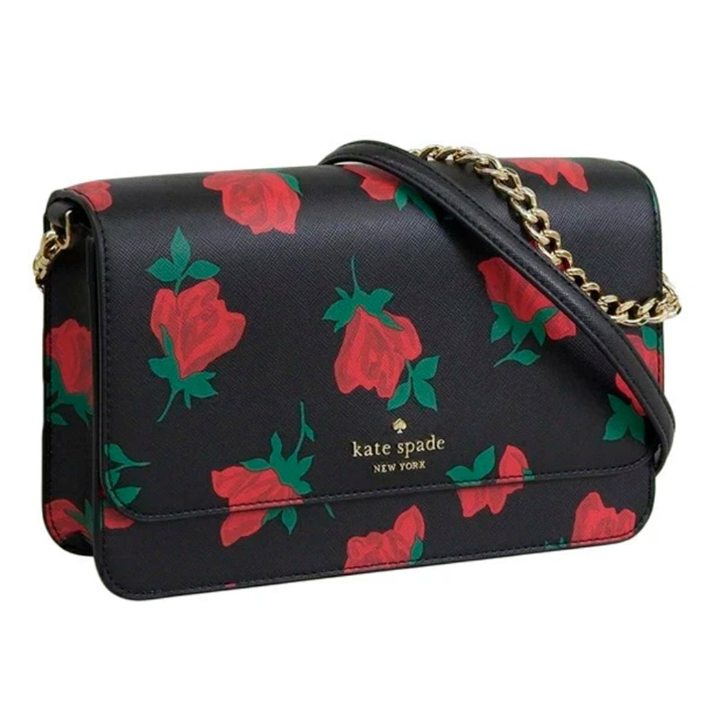 G Kate Spade Madison Flap Crossbody Bag Roses / Black Chain Purse Ke534 Nwt $349